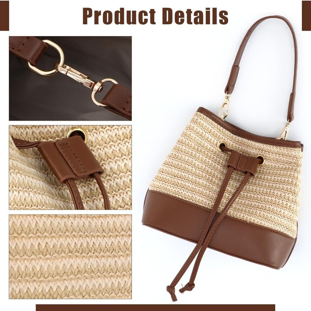 Stylish Drawstring Straw Handbag With Detachable … - image 6